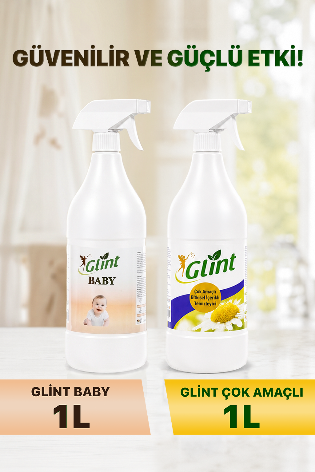 Glint Çok Amaçlı 1 L + Baby 1 L Bitkisel İçerikli Yüzey ve Çamaşır Leke Temizlik Seti
