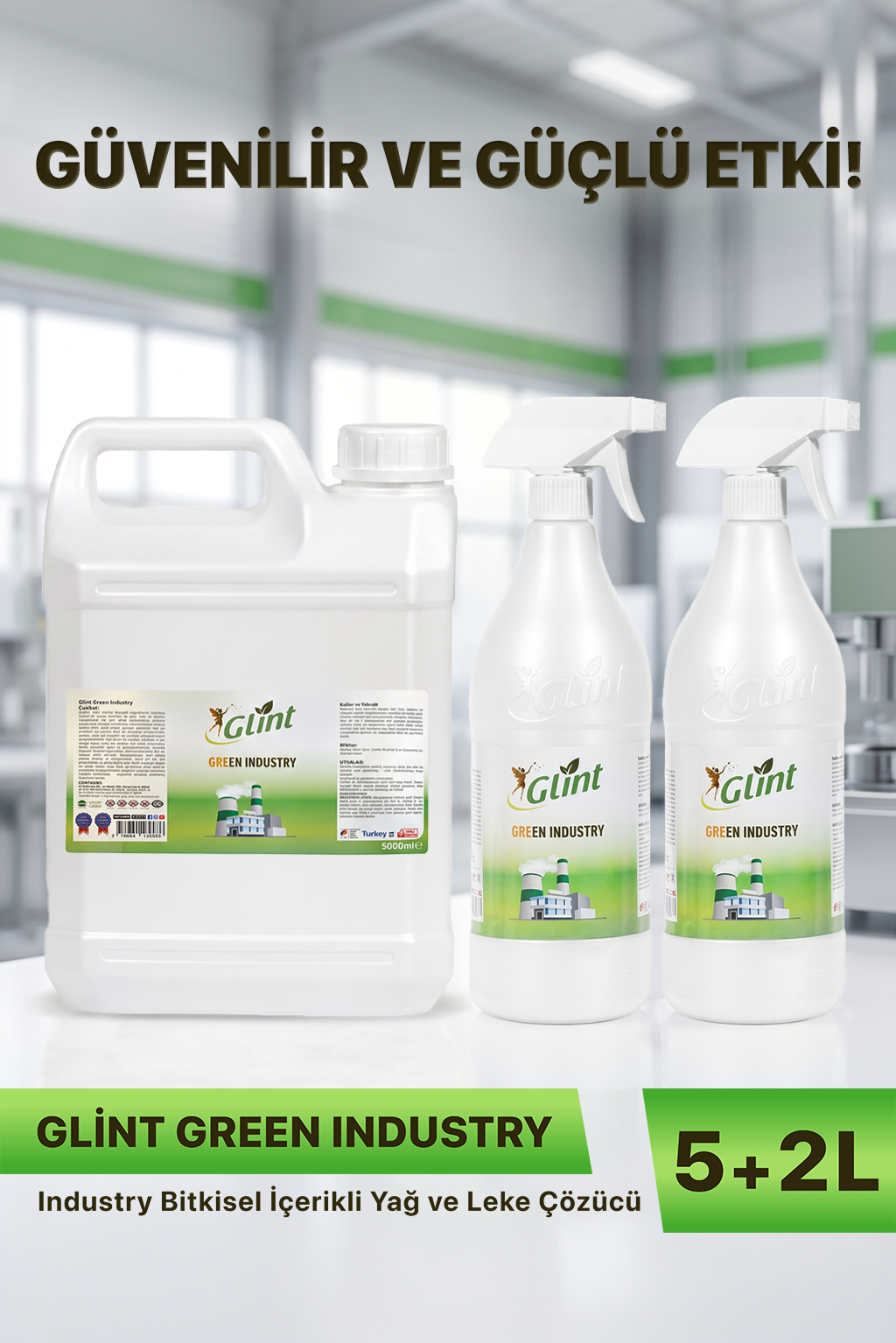 Glint Green Industry 5L + 2x1L Endüstriyel Yağ ve Leke Temizleyici