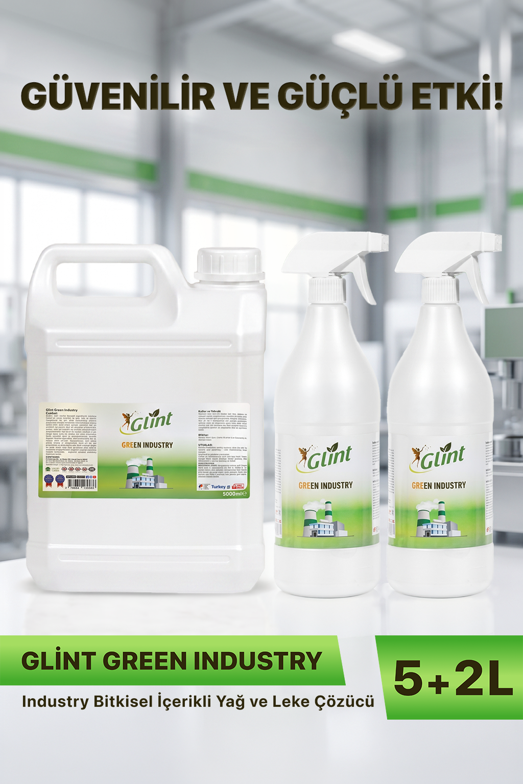 Glint Green Industry 5L + 2x1L Endüstriyel Yağ ve Leke Temizleyici