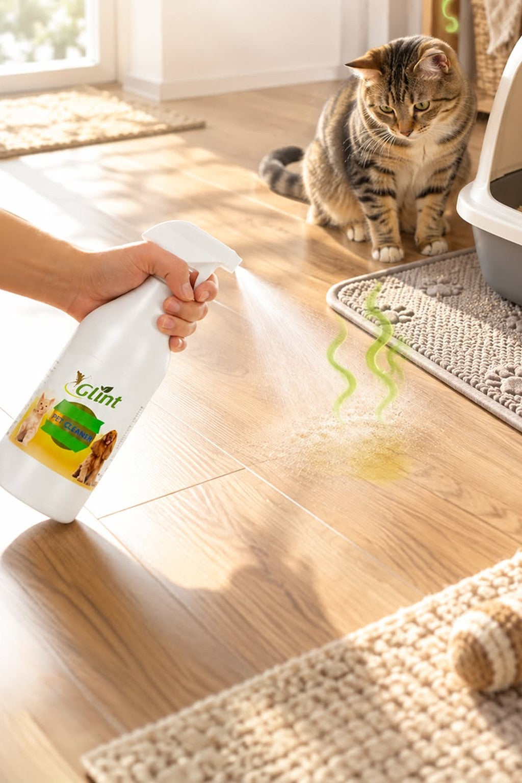 Glint Pet Cleaner, kum kabı yanında kedinin işaretlediği zemine püskürtülürken