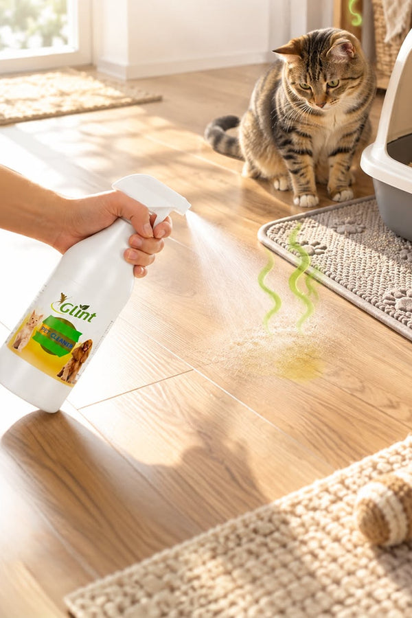 Glint Pet Cleaner, kum kabı yanında kedinin işaretlediği zemine püskürtülürken