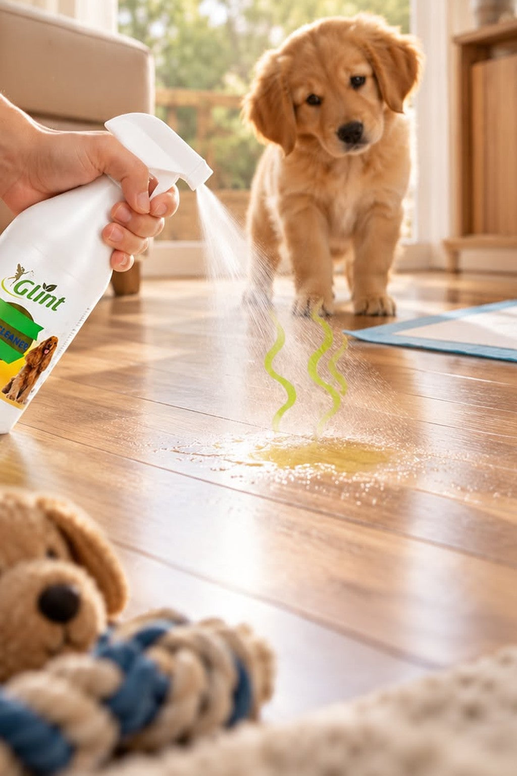 Glint Pet Cleaner, yavru köpeğin tuvalet kazası olan parke zemine püskürtülürken